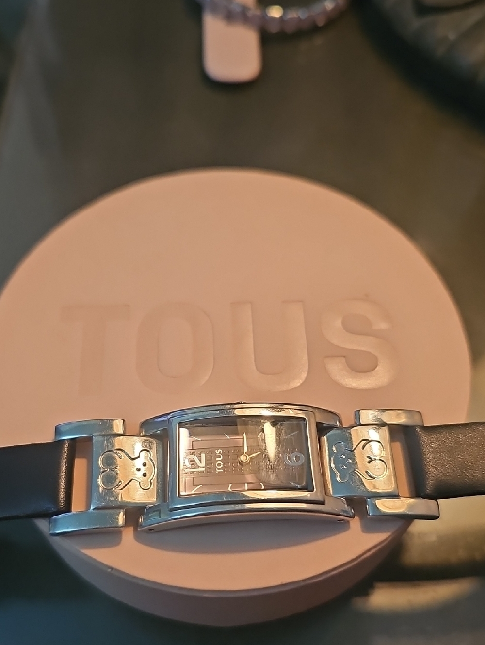 Tous Silver Tone Black Leather Bear Link Watch